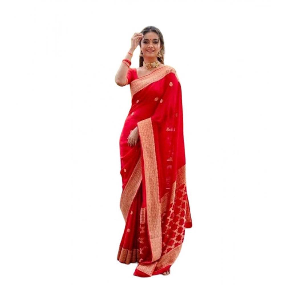 Generic Women's Litchi silk Printed Saree With Unstitched Blouse (Red) - MYLUXURY LANE ENTERPRISE