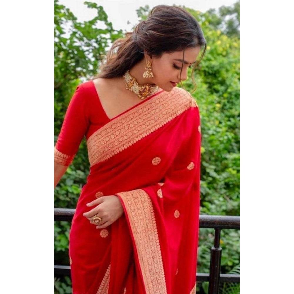 Generic Women's Litchi silk Printed Saree With Unstitched Blouse (Red) - MYLUXURY LANE ENTERPRISE