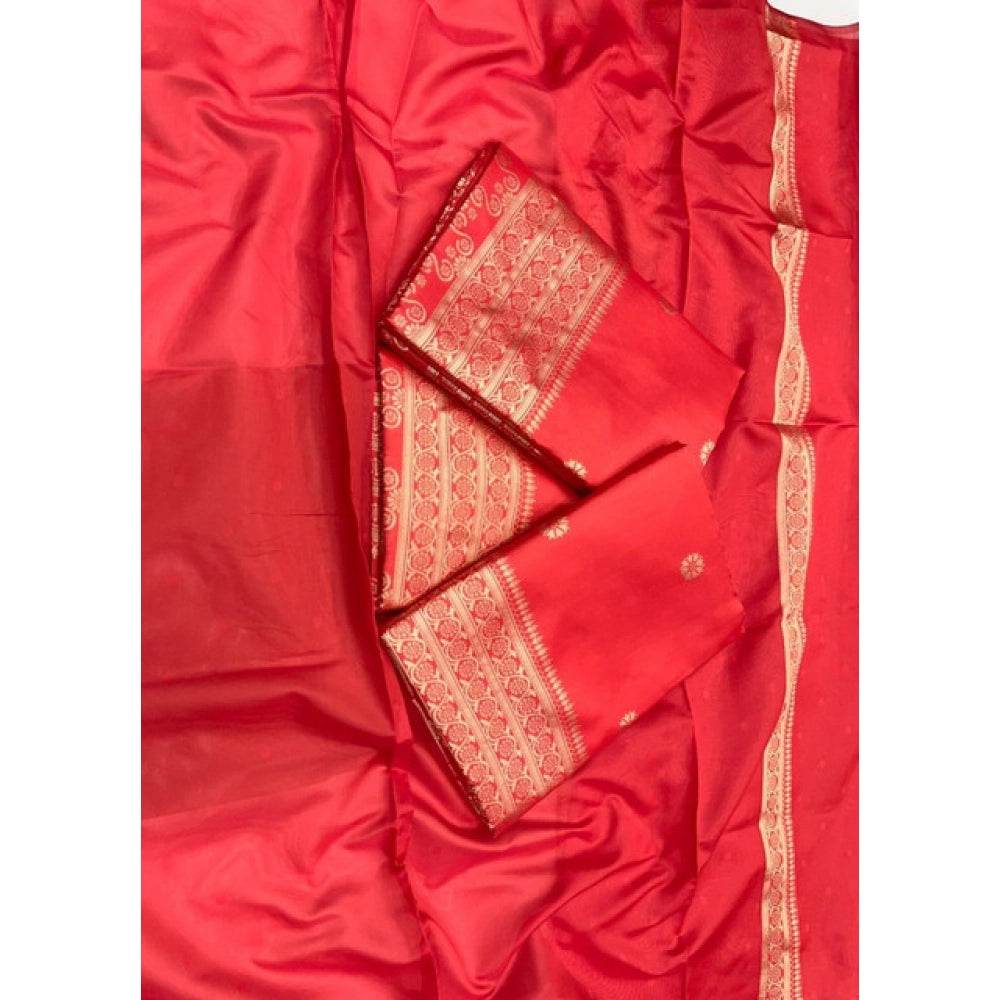 Generic Women's Litchi silk Printed Saree With Unstitched Blouse (Red) - MYLUXURY LANE ENTERPRISE