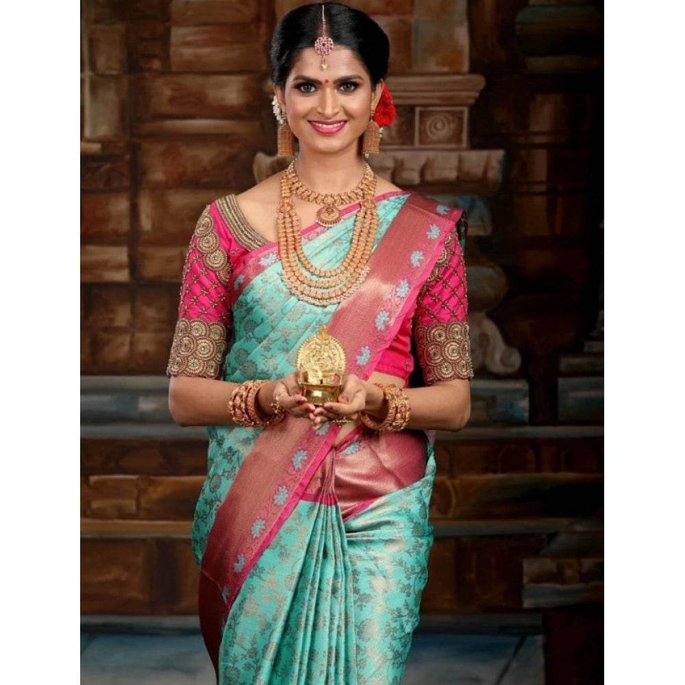 Generic Women's Litchi silk Printed Saree With Unstitched Blouse (Turquise Blue) - MYLUXURY LANE ENTERPRISE