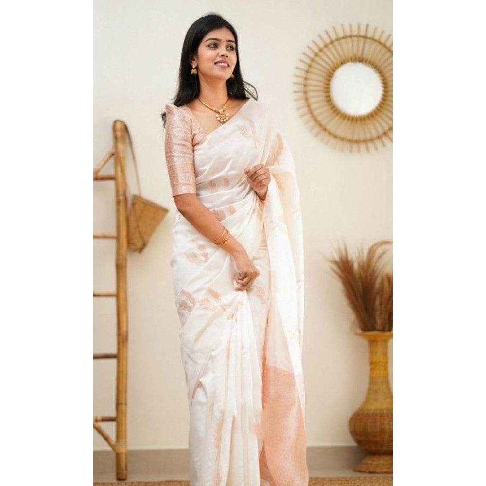 Generic Women's Litchi silk Printed Saree With Unstitched Blouse (White) - MYLUXURY LANE ENTERPRISE
