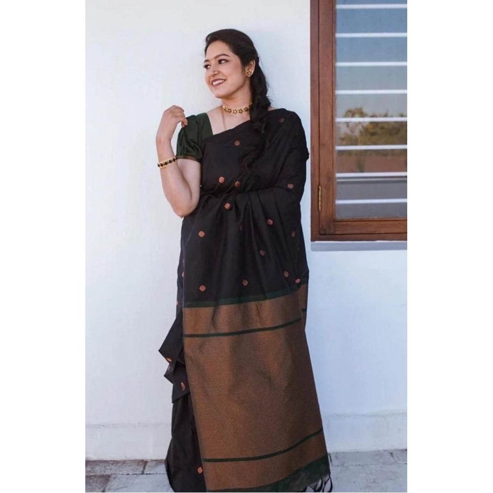 Generic Women's Litchi silk Printed Saree With Unstitched Blouse (Black) - MYLUXURY LANE ENTERPRISE