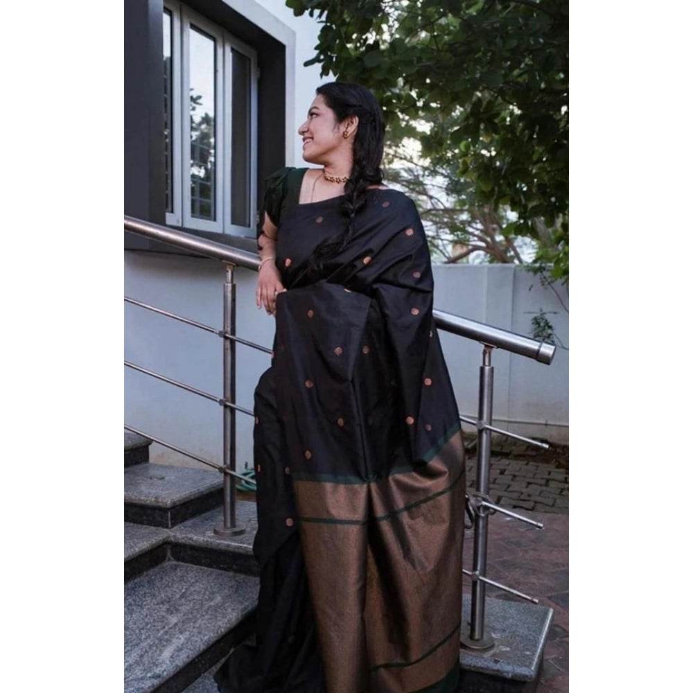 Generic Women's Litchi silk Printed Saree With Unstitched Blouse (Black) - MYLUXURY LANE ENTERPRISE