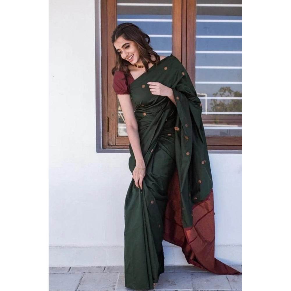 Generic Women's Litchi silk Printed Saree With Unstitched Blouse (Dark Green) - MYLUXURY LANE ENTERPRISE