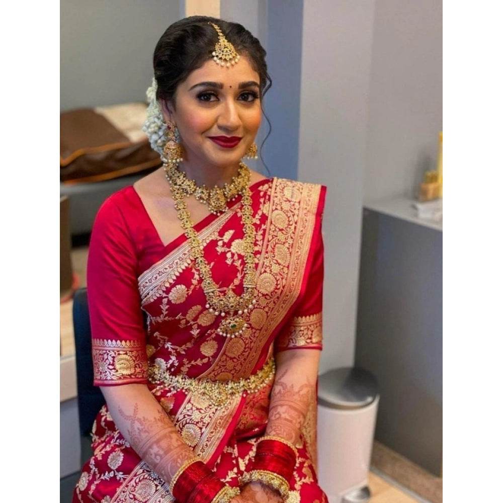 Generic Women's Litchi silk Printed Saree With Unstitched Blouse (Red) - MYLUXURY LANE ENTERPRISE