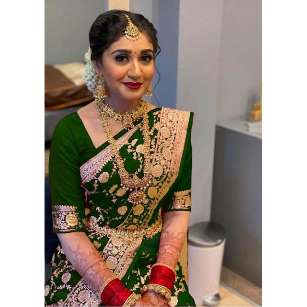 Generic Women's Litchi silk Printed Saree With Unstitched Blouse (Green) - MYLUXURY LANE ENTERPRISE