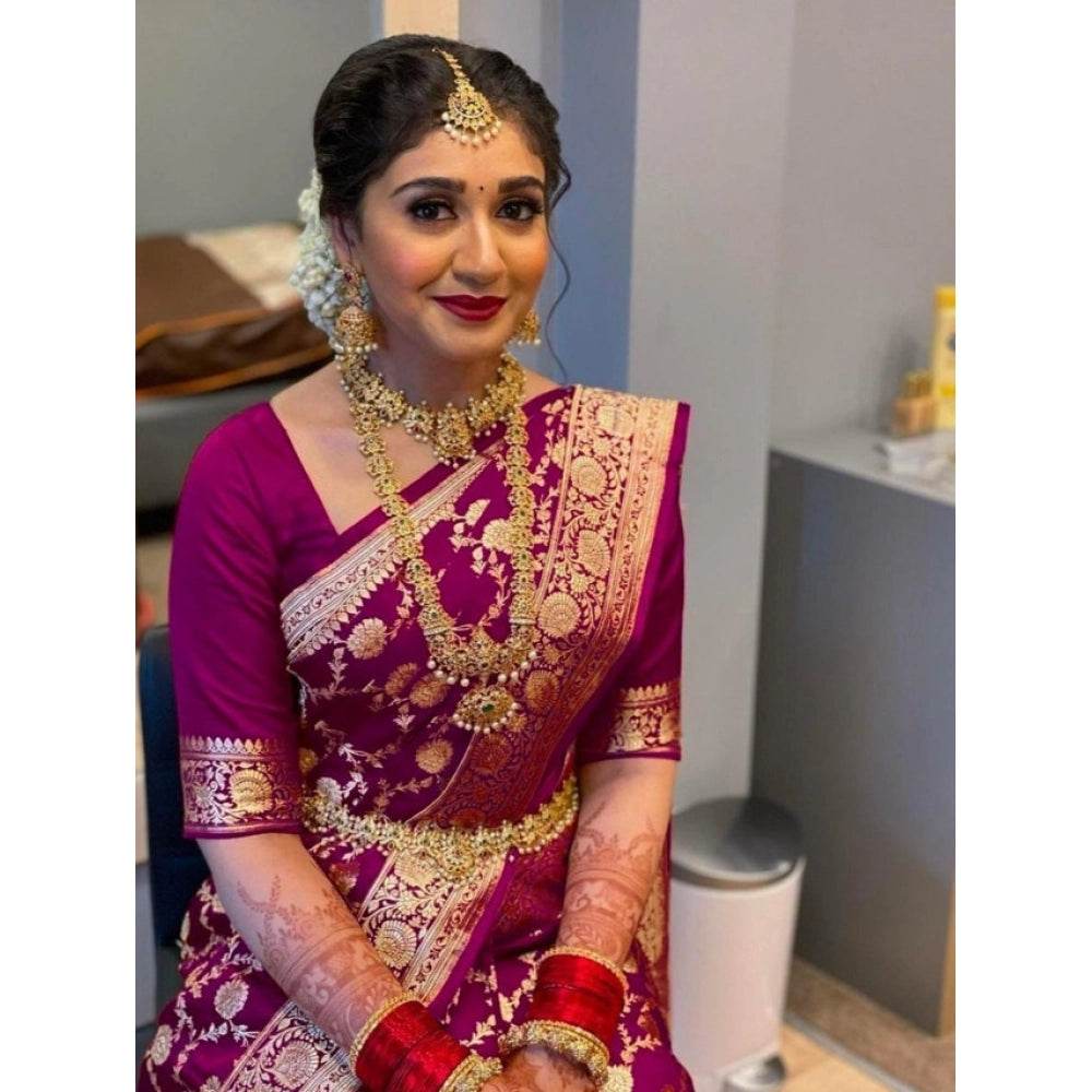 Generic Women's Litchi silk Printed Saree With Unstitched Blouse (Magenta With pink) - MYLUXURY LANE ENTERPRISE