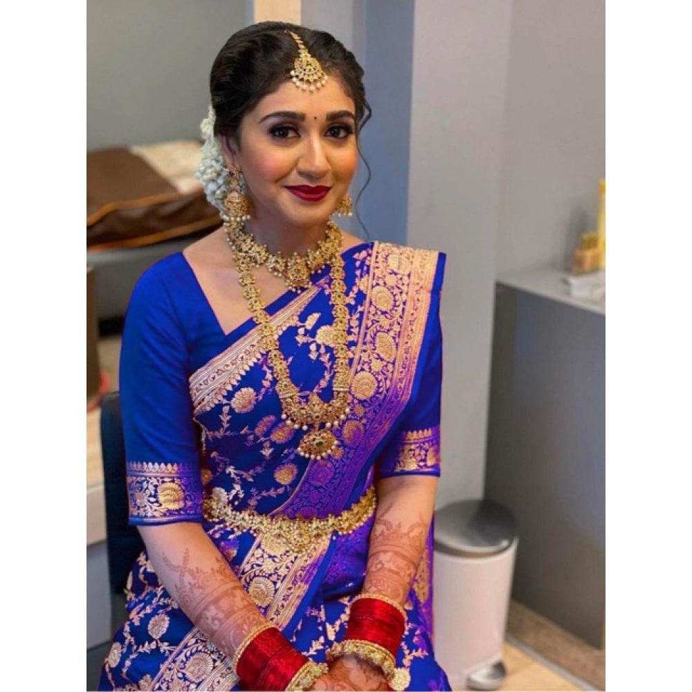 Generic Women's Litchi silk Printed Saree With Unstitched Blouse (Navy Blue) - MYLUXURY LANE ENTERPRISE