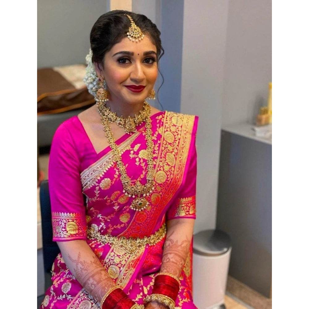 Generic Women's Litchi silk Printed Saree With Unstitched Blouse (Pink) - MYLUXURY LANE ENTERPRISE