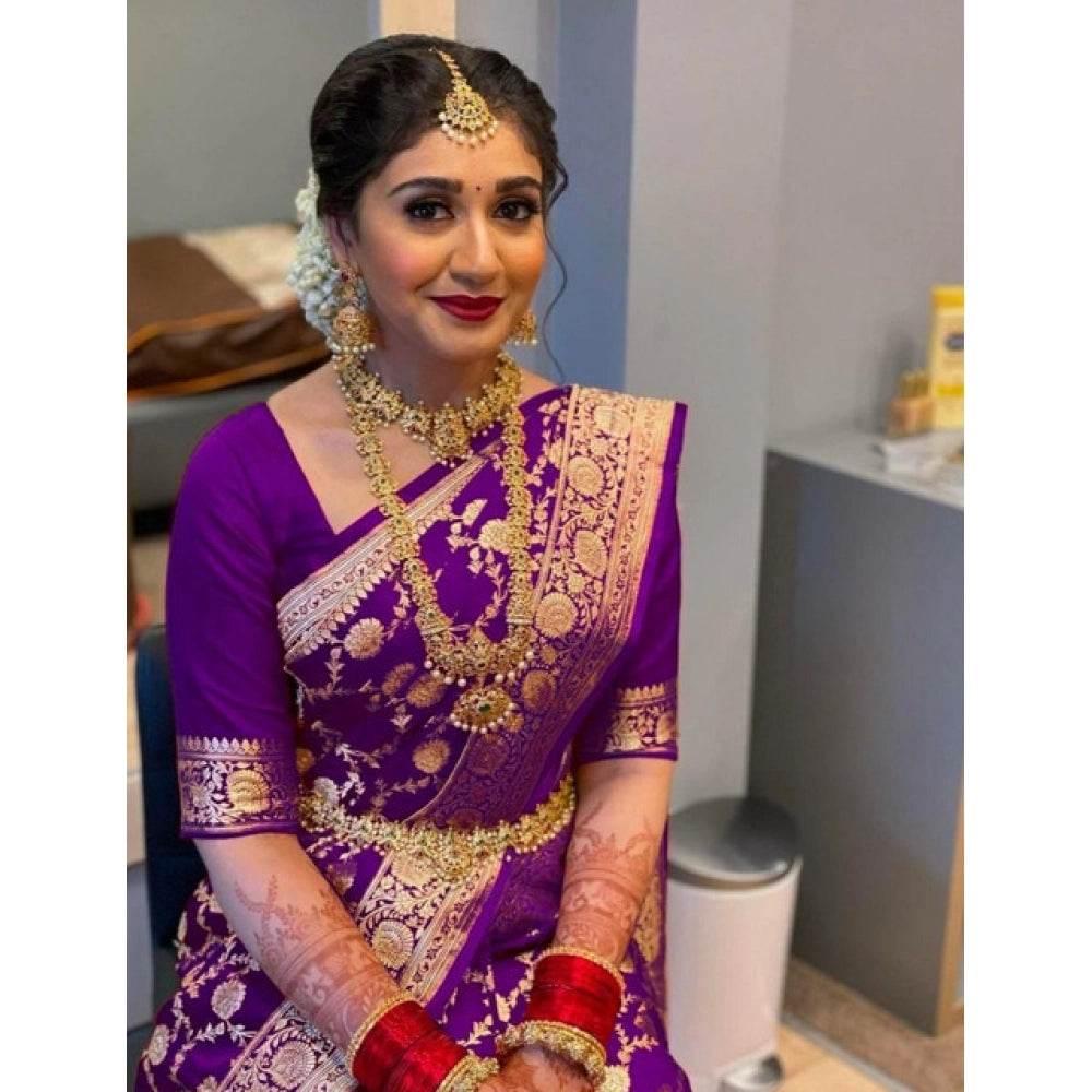 Generic Women's Litchi silk Printed Saree With Unstitched Blouse (Purple) - MYLUXURY LANE ENTERPRISE