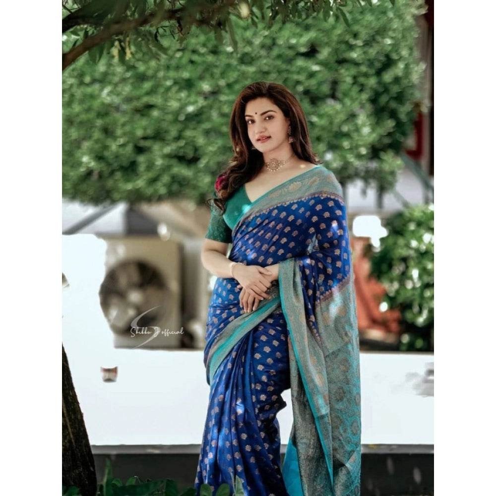 Generic Women's Litchi silk Printed Saree With Unstitched Blouse (Navy Blue) - MYLUXURY LANE ENTERPRISE