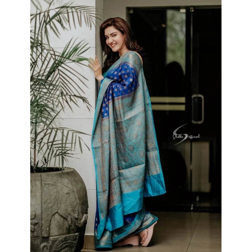 Generic Women's Litchi silk Printed Saree With Unstitched Blouse (Navy Blue) - MYLUXURY LANE ENTERPRISE