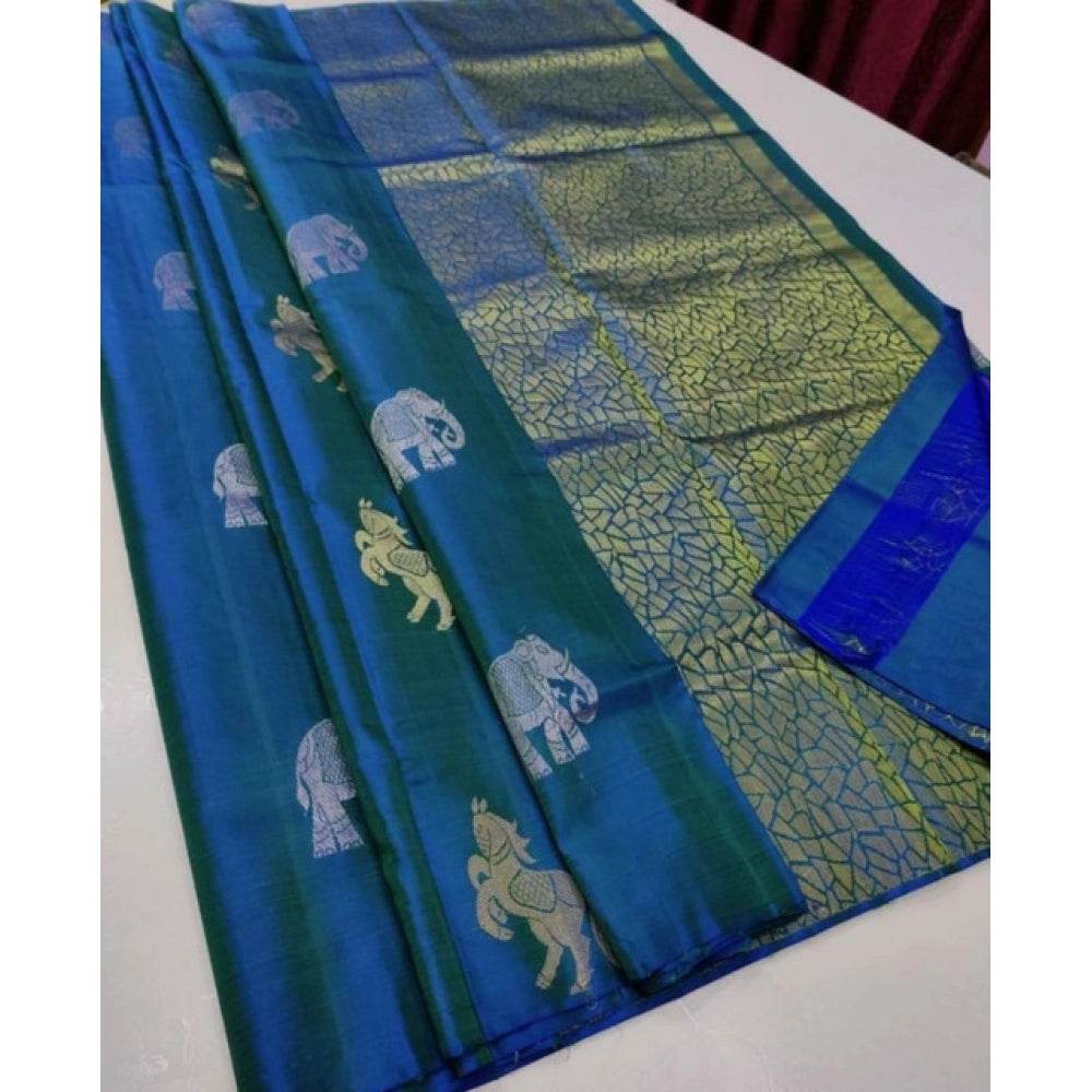 Generic Women's Litchi silk Printed Saree With Unstitched Blouse (Turquise Blue) - MYLUXURY LANE ENTERPRISE
