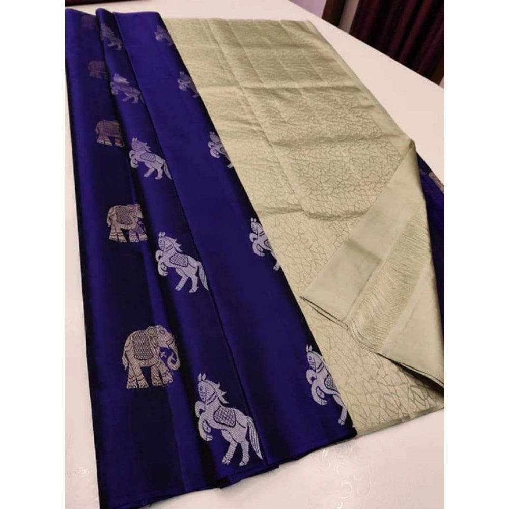 Generic Women's Litchi silk Printed Saree With Unstitched Blouse (Navy Blue With White) - MYLUXURY LANE ENTERPRISE