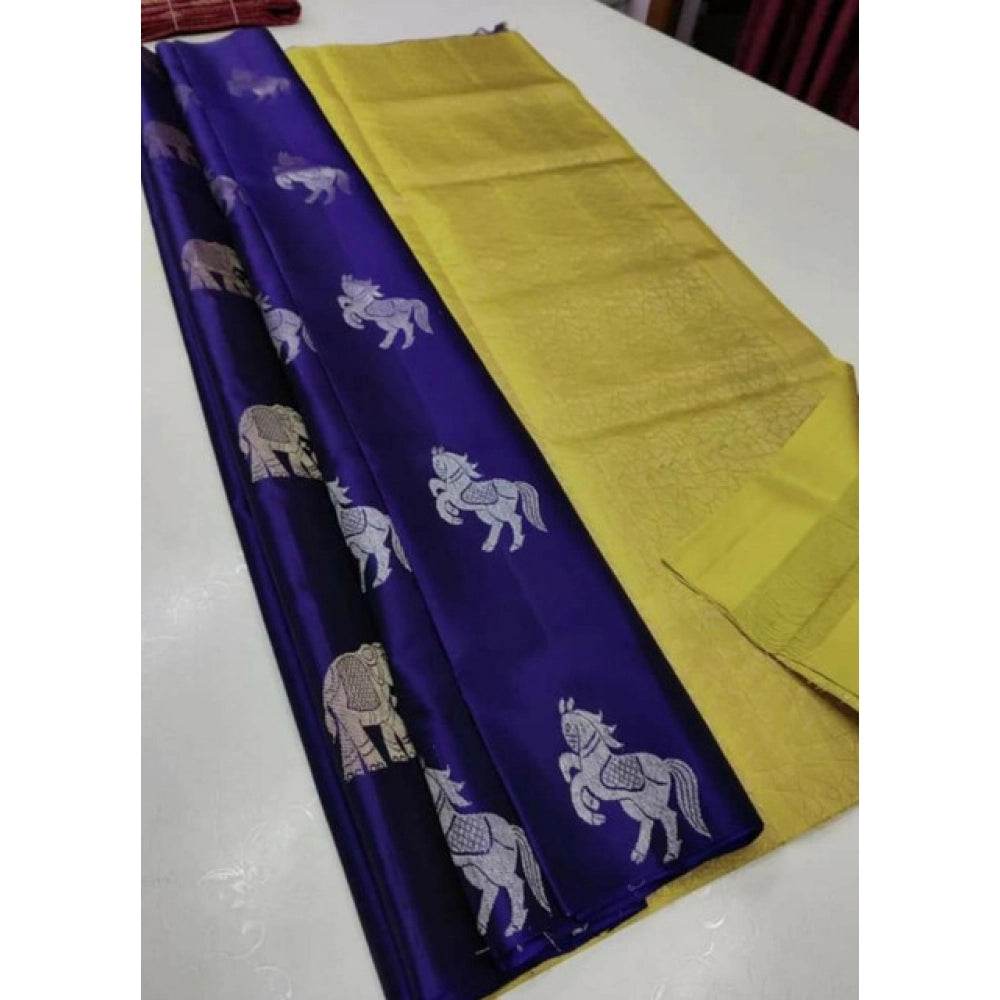 Generic Women's Litchi silk Printed Saree With Unstitched Blouse (Navy Blue With Yellow) - MYLUXURY LANE ENTERPRISE