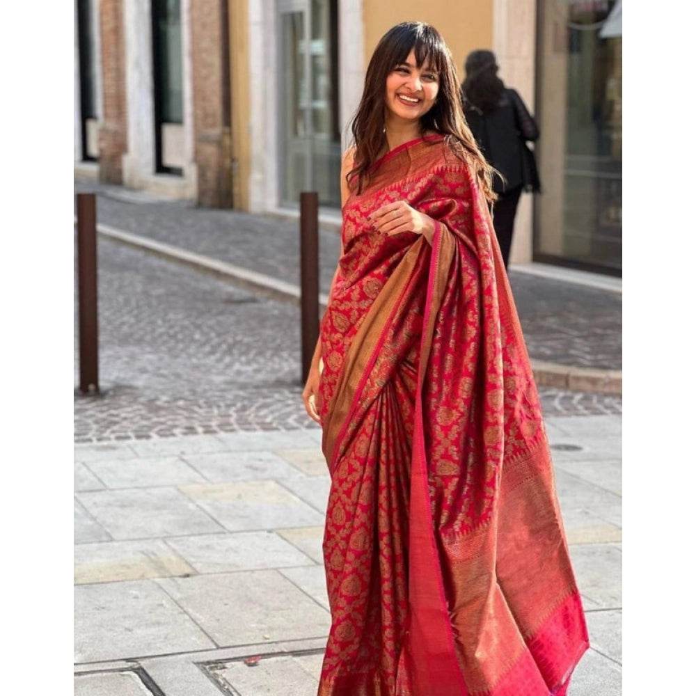 Generic Women's Litchi silk Printed Saree With Unstitched Blouse (Red) - MYLUXURY LANE ENTERPRISE