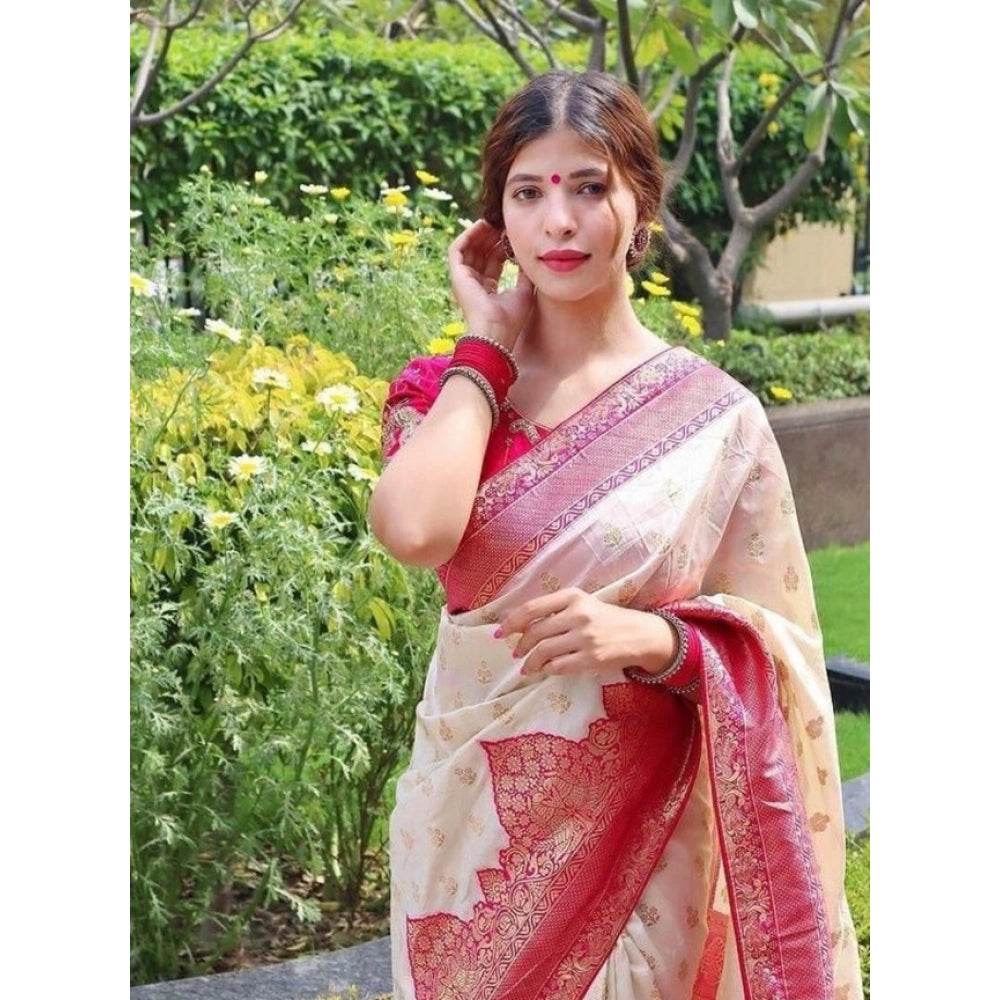 Generic Women's Litchi silk Printed Saree With Unstitched Blouse (Half White) - MYLUXURY LANE ENTERPRISE