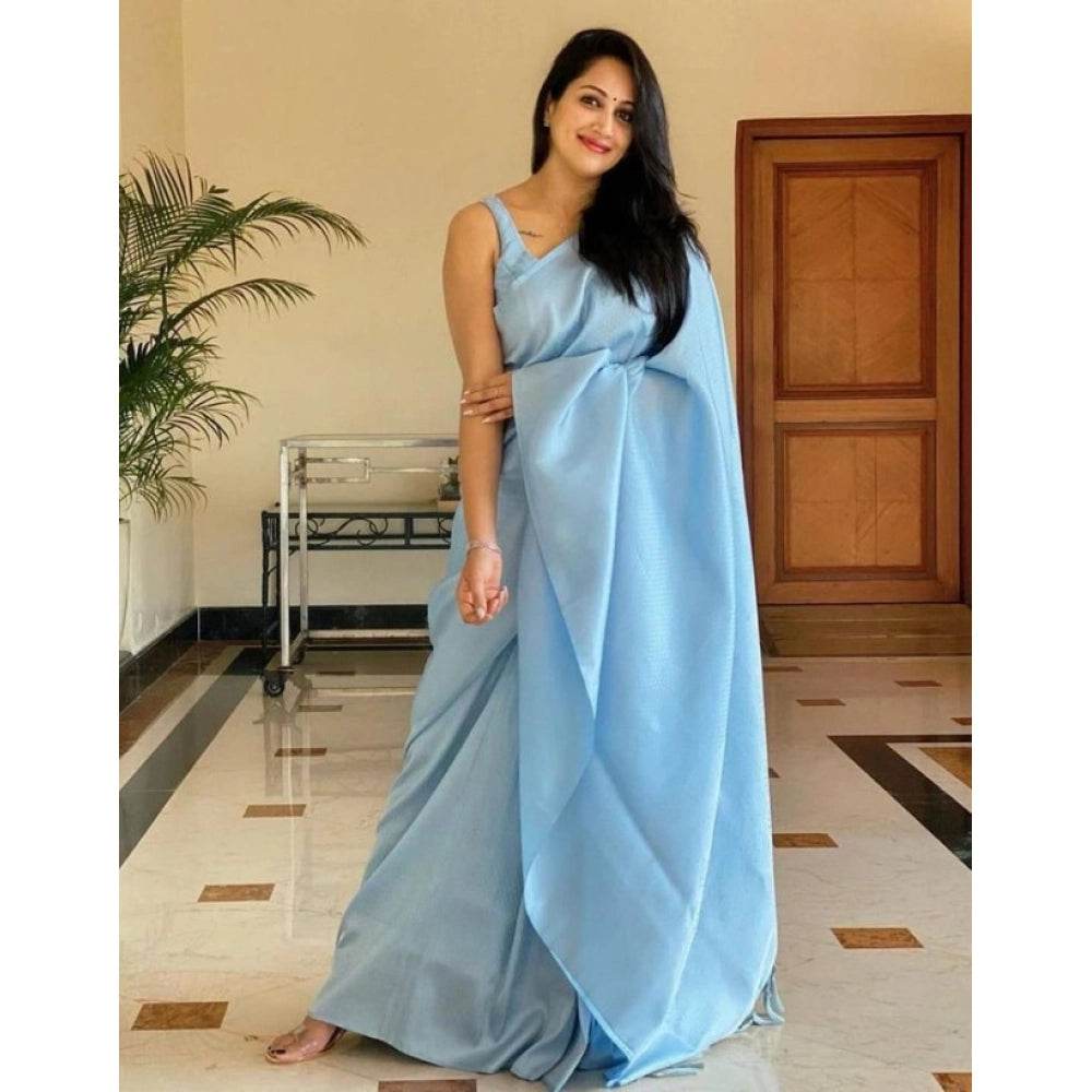 Generic Women's Litchi silk Printed Saree With Unstitched Blouse (Light Blue) - MYLUXURY LANE ENTERPRISE
