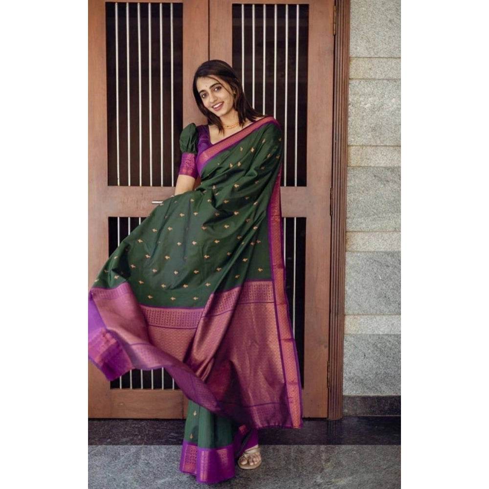 Generic Women's Litchi silk Printed Saree With Unstitched Blouse (Dark Green) - MYLUXURY LANE ENTERPRISE