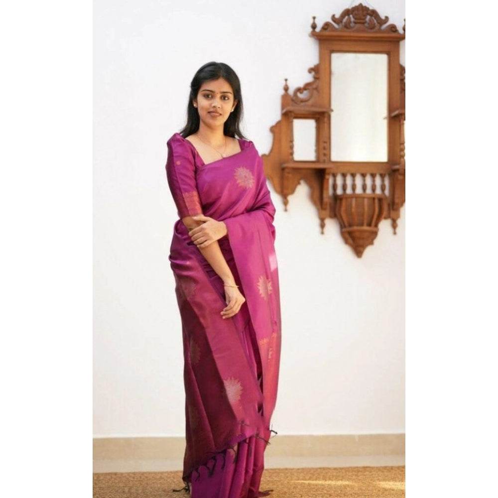 Generic Women's Litchi silk Printed Saree With Unstitched Blouse (Dark Pink) - MYLUXURY LANE ENTERPRISE