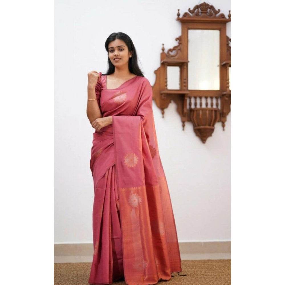 Generic Women's Litchi silk Printed Saree With Unstitched Blouse (Peach) - MYLUXURY LANE ENTERPRISE