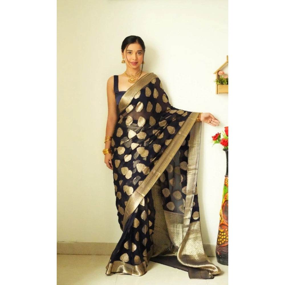 Generic Women's Litchi silk Printed Saree With Unstitched Blouse (Black) - MYLUXURY LANE ENTERPRISE