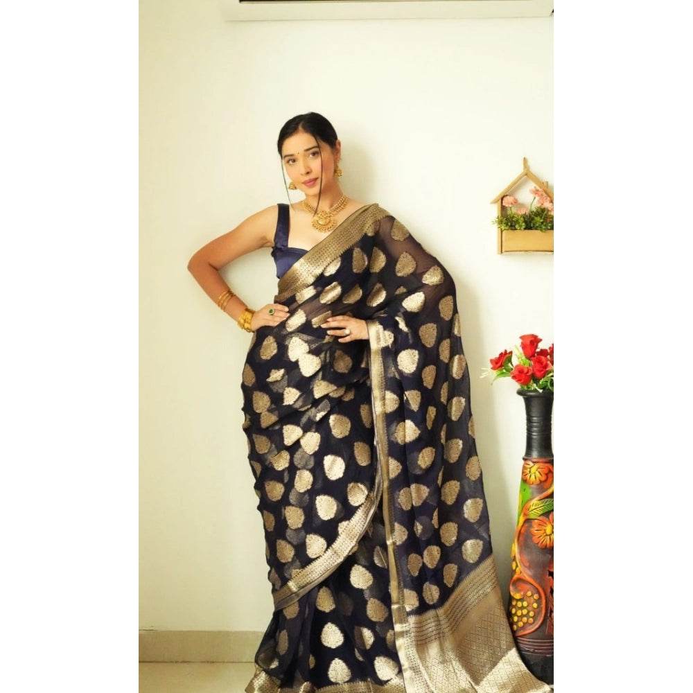 Generic Women's Litchi silk Printed Saree With Unstitched Blouse (Black) - MYLUXURY LANE ENTERPRISE