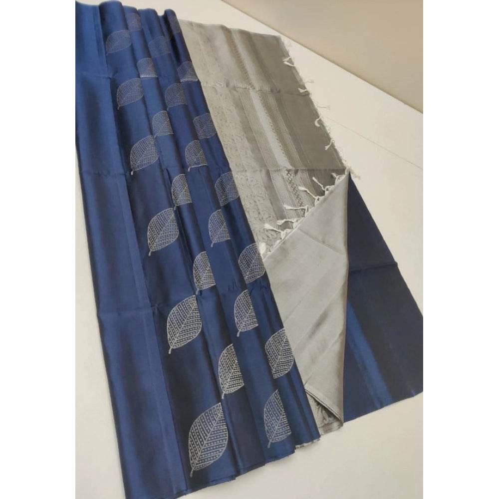 Generic Women's Litchi silk Printed Saree With Unstitched Blouse (Dark Blue) - MYLUXURY LANE ENTERPRISE