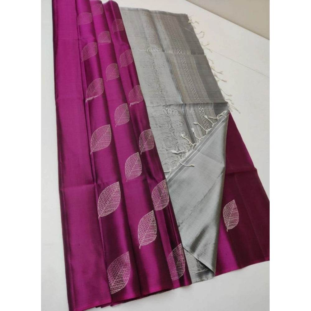 Generic Women's Litchi silk Printed Saree With Unstitched Blouse (
Magenta With Silver) - MYLUXURY LANE ENTERPRISE
