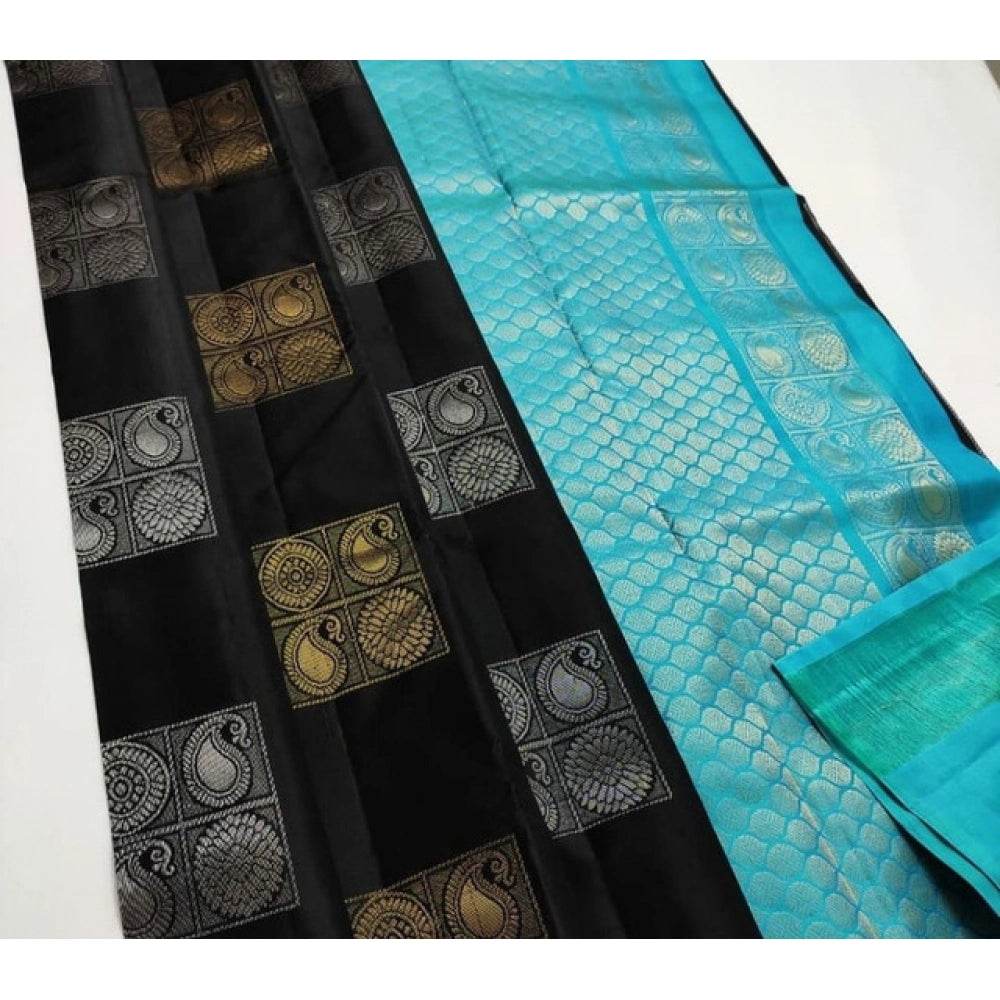 Generic Women's Litchi silk Printed Saree With Unstitched Blouse (Black With Blue) - MYLUXURY LANE ENTERPRISE