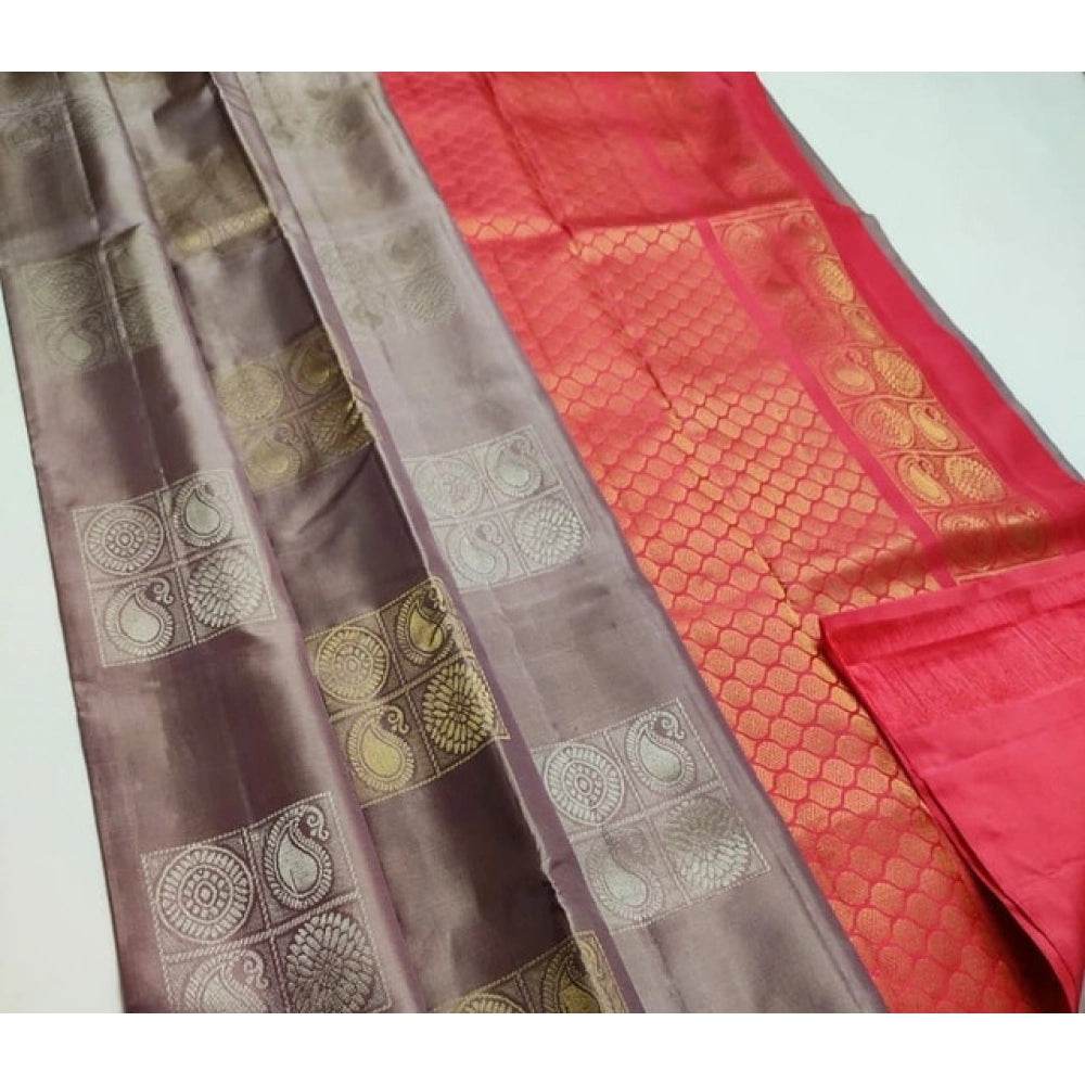 Generic Women's Litchi silk Printed Saree With Unstitched Blouse (Brown With Orange) - MYLUXURY LANE ENTERPRISE