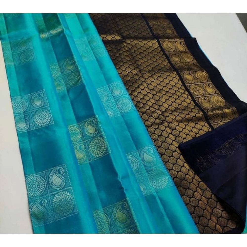 Generic Women's Litchi silk Printed Saree With Unstitched Blouse (Light Blue With Black) - MYLUXURY LANE ENTERPRISE