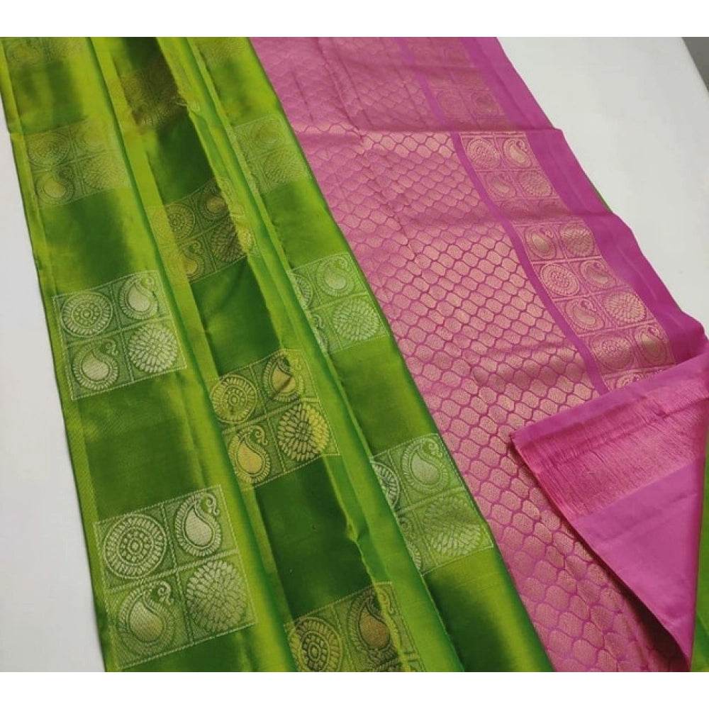 Generic Women's Litchi silk Printed Saree With Unstitched Blouse (Green With Pink) - MYLUXURY LANE ENTERPRISE