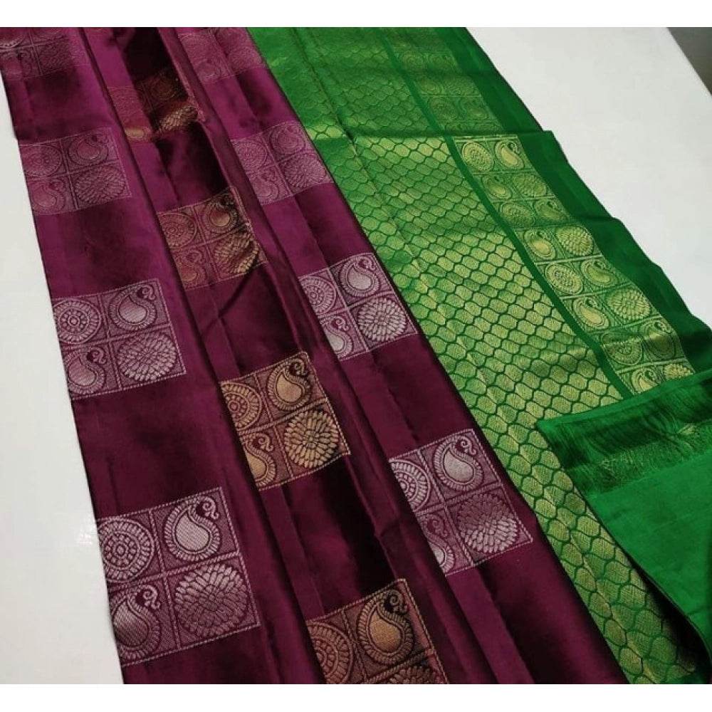 Generic Women's Litchi silk Printed Saree With Unstitched Blouse (Brown With Green) - MYLUXURY LANE ENTERPRISE