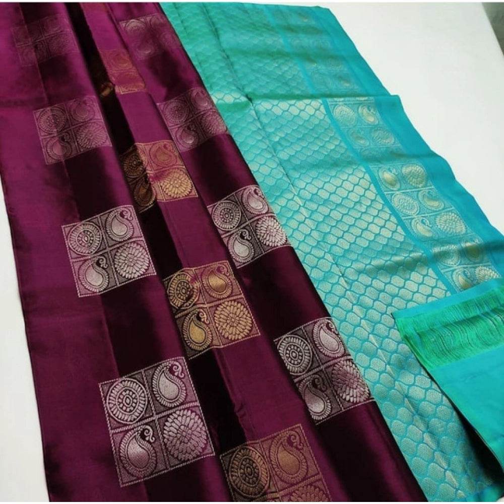 Generic Women's Litchi silk Printed Saree With Unstitched Blouse (Maroon With Turquise Green) - MYLUXURY LANE ENTERPRISE