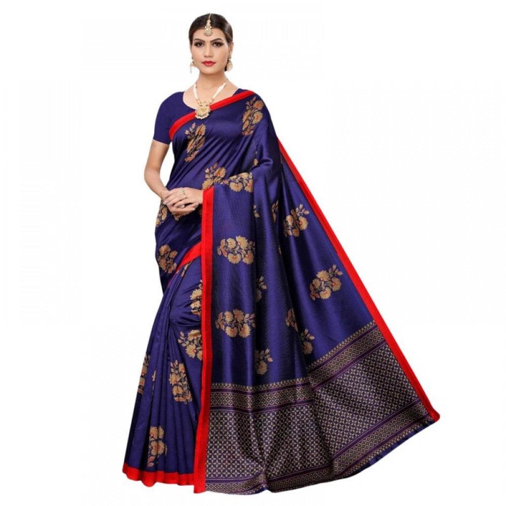 Generic Women's Litchi silk Printed Saree With Unstitched Blouse 5-6 Mtrs (Navy Blue) - MYLUXURY LANE ENTERPRISE