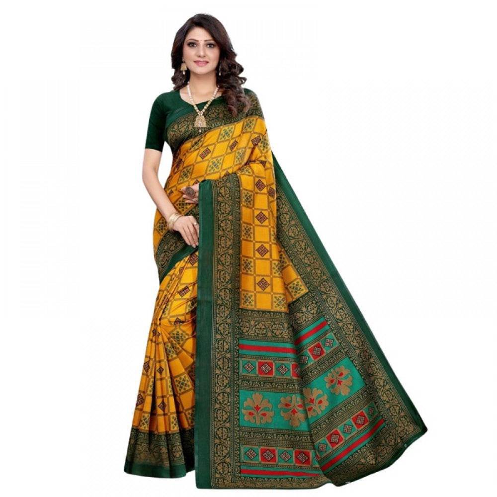 Generic Women's Litchi silk Printed Saree With Unstitched Blouse 5-6 Mtrs (Mustard Yellow) - MYLUXURY LANE ENTERPRISE