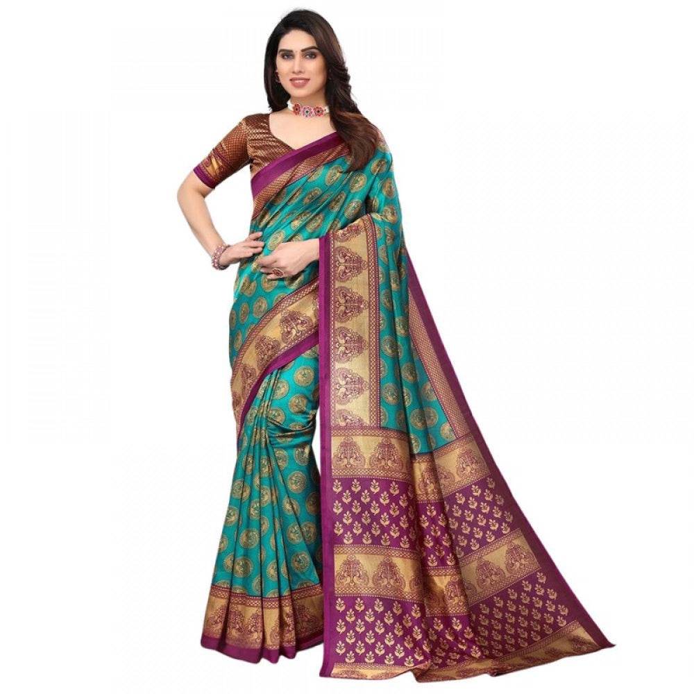 Generic Women's Litchi silk Printed Saree With Unstitched Blouse 5-6 Mtrs (Green) - MYLUXURY LANE ENTERPRISE