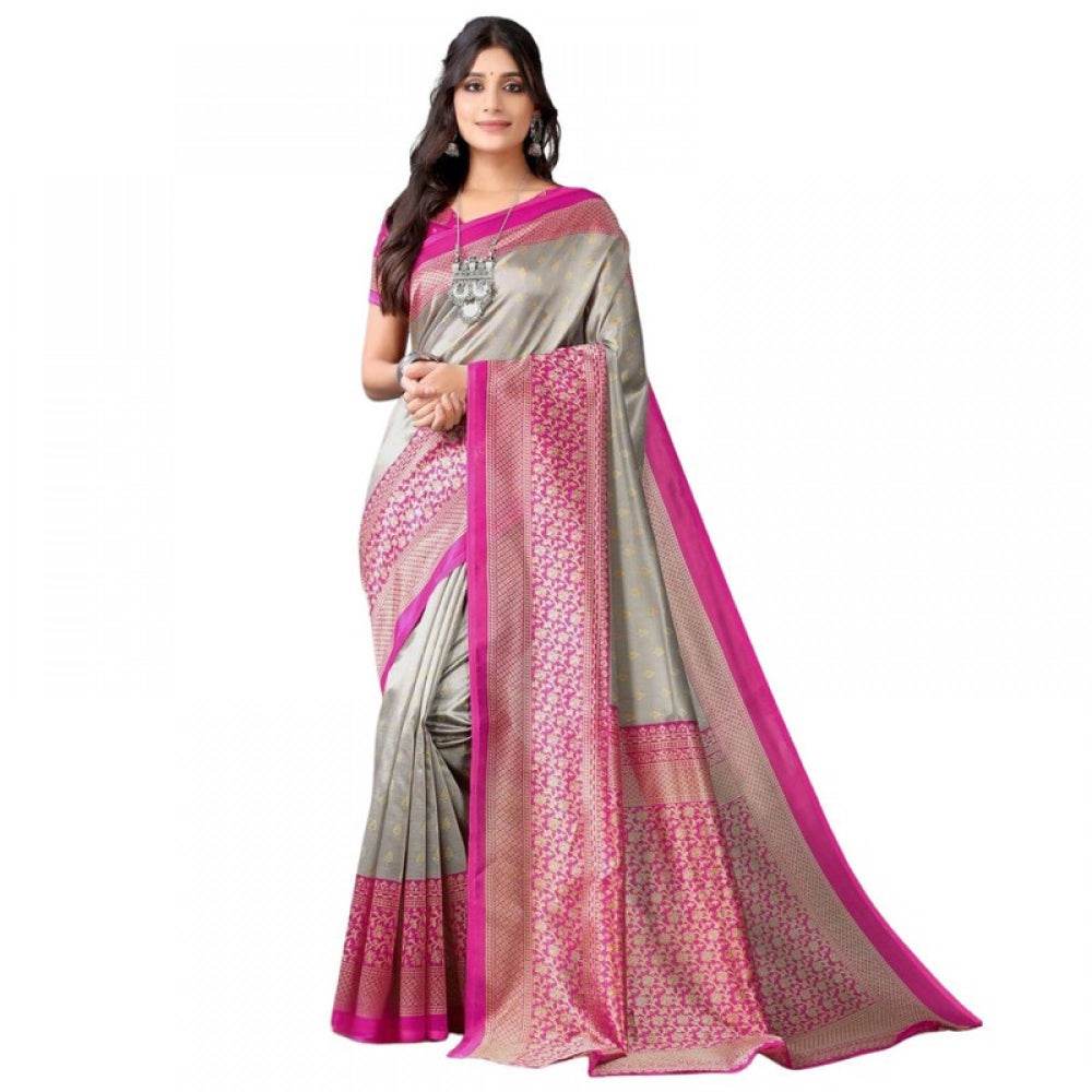 Generic Women's Litchi silk Printed Saree With Unstitched Blouse 5-6 Mtrs (Gray) - MYLUXURY LANE ENTERPRISE