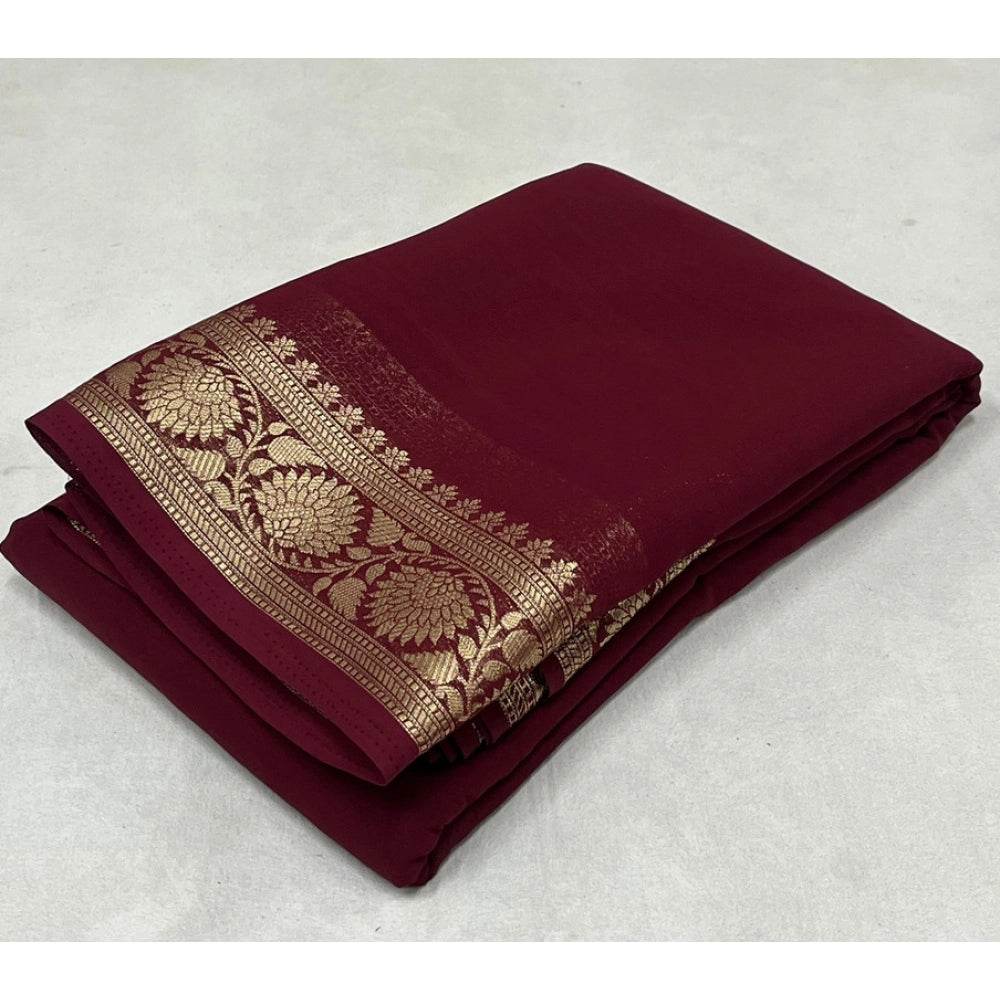 Generic Women's Crepe Chit Pallu Solid Saree With Unstitched Blouse 5.5Mtr (Maroon) - MYLUXURY LANE ENTERPRISE