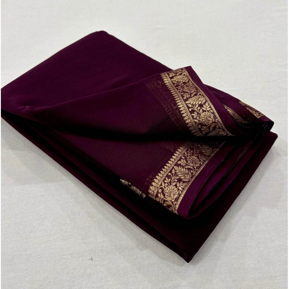 Generic Women's Crepe Chit Pallu Solid Saree With Unstitched Blouse 5.5Mtr (Dark Wine) - MYLUXURY LANE ENTERPRISE