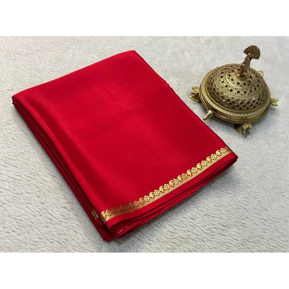 Generic Women's Crepe Chit Pallu Solid Saree With Unstitched Blouse 5.5Mtr (Red) - MYLUXURY LANE ENTERPRISE