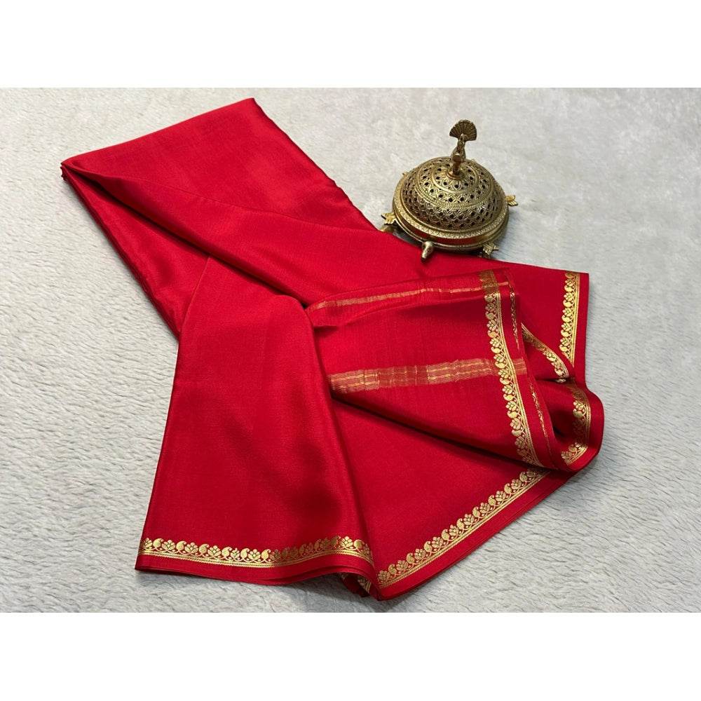Generic Women's Crepe Chit Pallu Solid Saree With Unstitched Blouse 5.5Mtr (Red) - MYLUXURY LANE ENTERPRISE