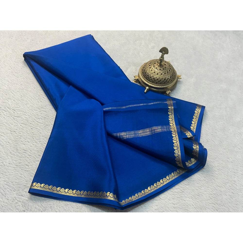 Generic Women's Crepe Chit Pallu Solid Saree With Unstitched Blouse 5.5Mtr (Blue) - MYLUXURY LANE ENTERPRISE