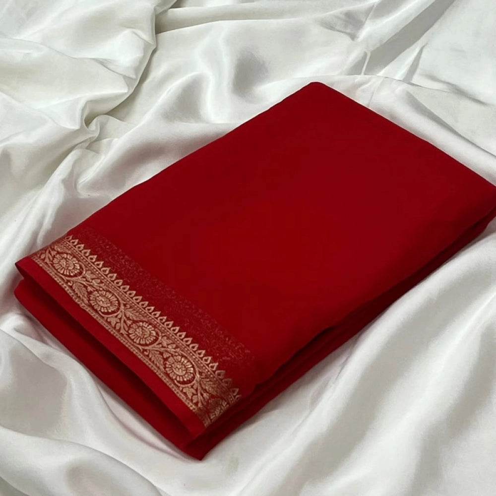 Generic Women's Crepe Chit Pallu Solid Saree With Unstitched Blouse 5.5Mtr (Red) - MYLUXURY LANE ENTERPRISE