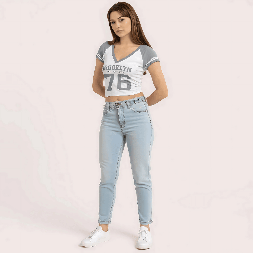 Women's Brooklyn '76 Graphic Crop Top – Sporty V-Neck Tee - MYLUXURY LANE ENTERPRISE