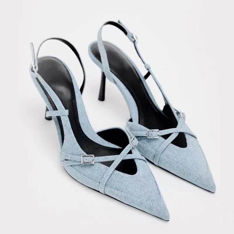 Solid Color Cross Buckle Pointed High Heel Sandals - MYLUXURY LANE ENTERPRISE