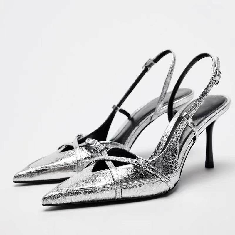 Solid Color Cross Buckle Pointed High Heel Sandals - MYLUXURY LANE ENTERPRISE