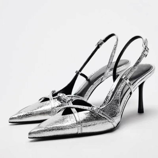 Solid Color Cross Buckle Pointed High Heel Sandals - MYLUXURY LANE ENTERPRISE