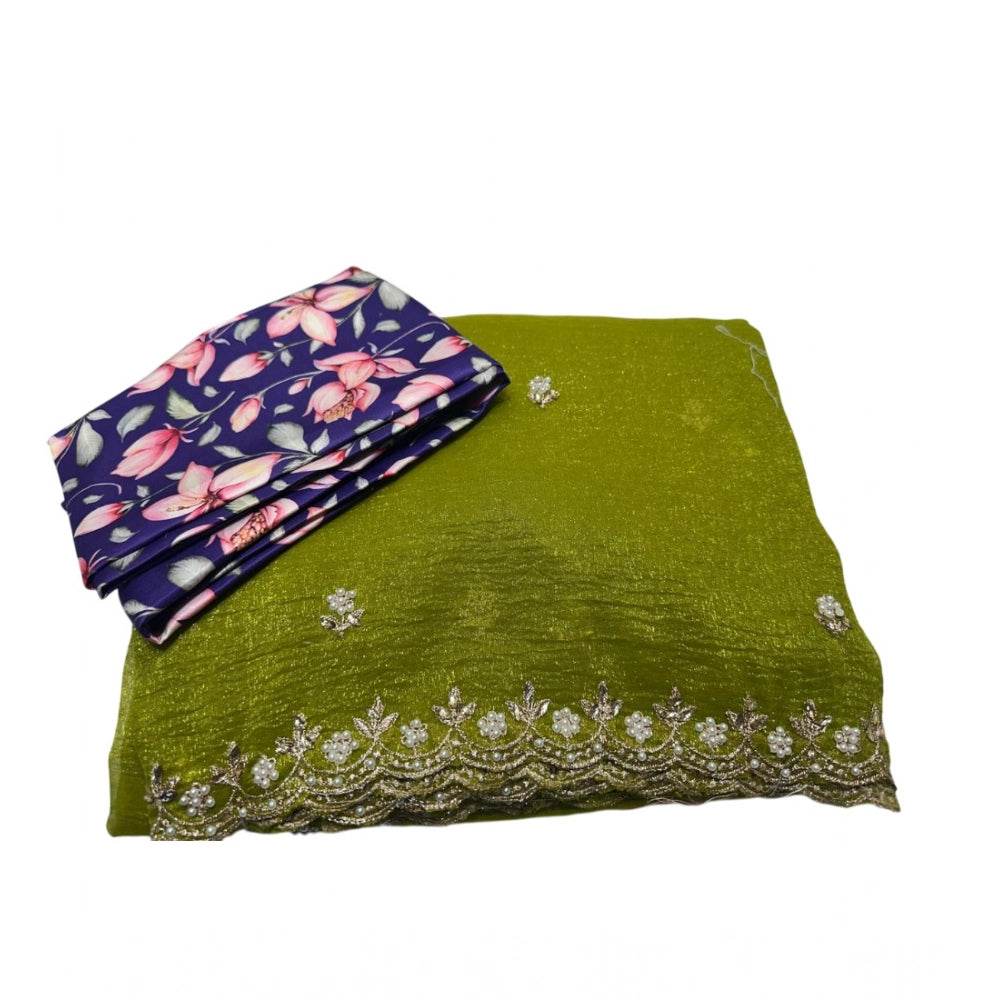 Generic Women's Stone Work Soft Silk Saree With Unstitched Blouse (Green, 5-6 Mtrs) - MYLUXURY LANE ENTERPRISE